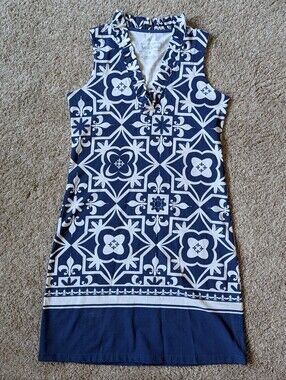 AnaClare Navy & White Sleeveless Shift Ruffle V‑Neck Patterned Dress Size M
